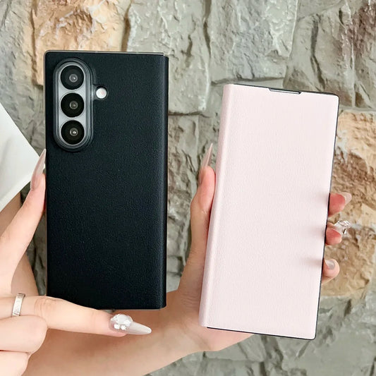 Luxury Business PU Leather Phone Case For Samsung Galaxy Z Fold7 Fold6 Fold5 Solid Color Shockproof Protection Shell