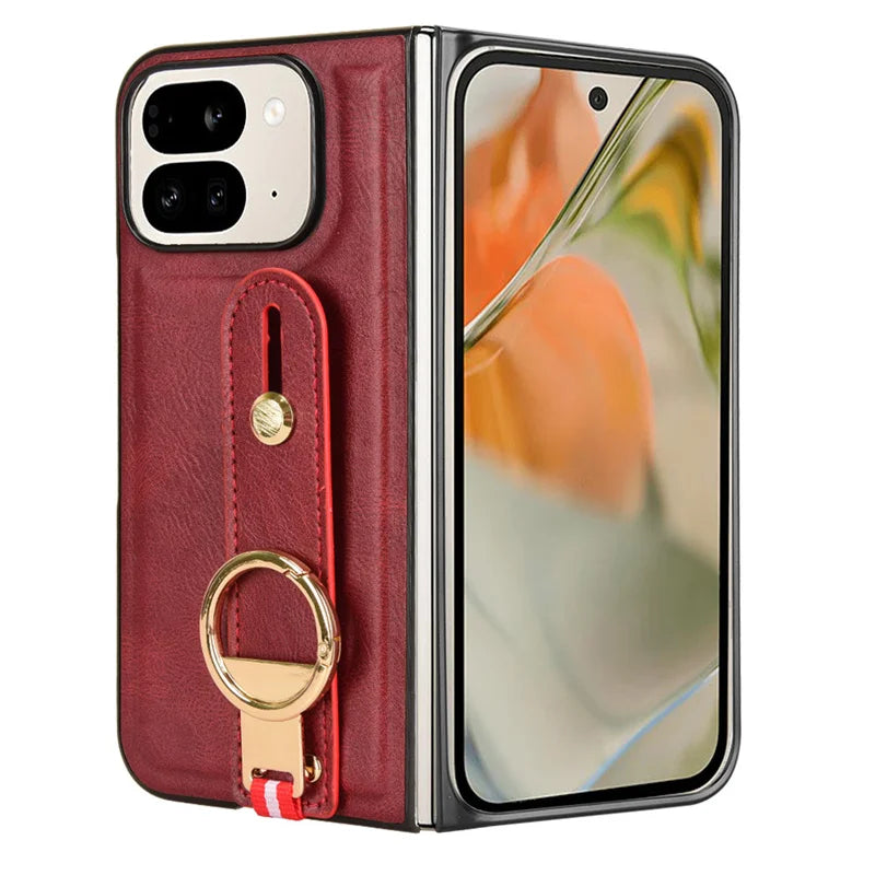 Luxury Wristband Leather Stand Case for Google Pixel 9 Pro Fold Cover Foldable With Ring Opener Hook Coque Fundas Capa