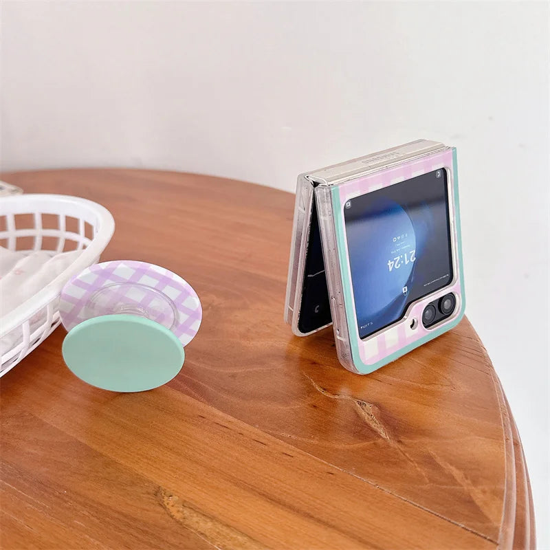 Korean Color Plaid Pattern Magnetic Phone Case For Samsung Galaxy Z Flip 7 6 5 4 Flip6 Flip7 Cover with Magsafe Stand Cases Capa