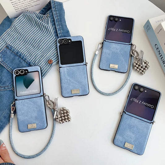 Fashion Denim Fabric Cute Phone Case For Samsung Galaxy Z Flip 7 6 5 4 Z Flip6 Z Flip7FE Cover with Hand Rope Cute Hinge Cases