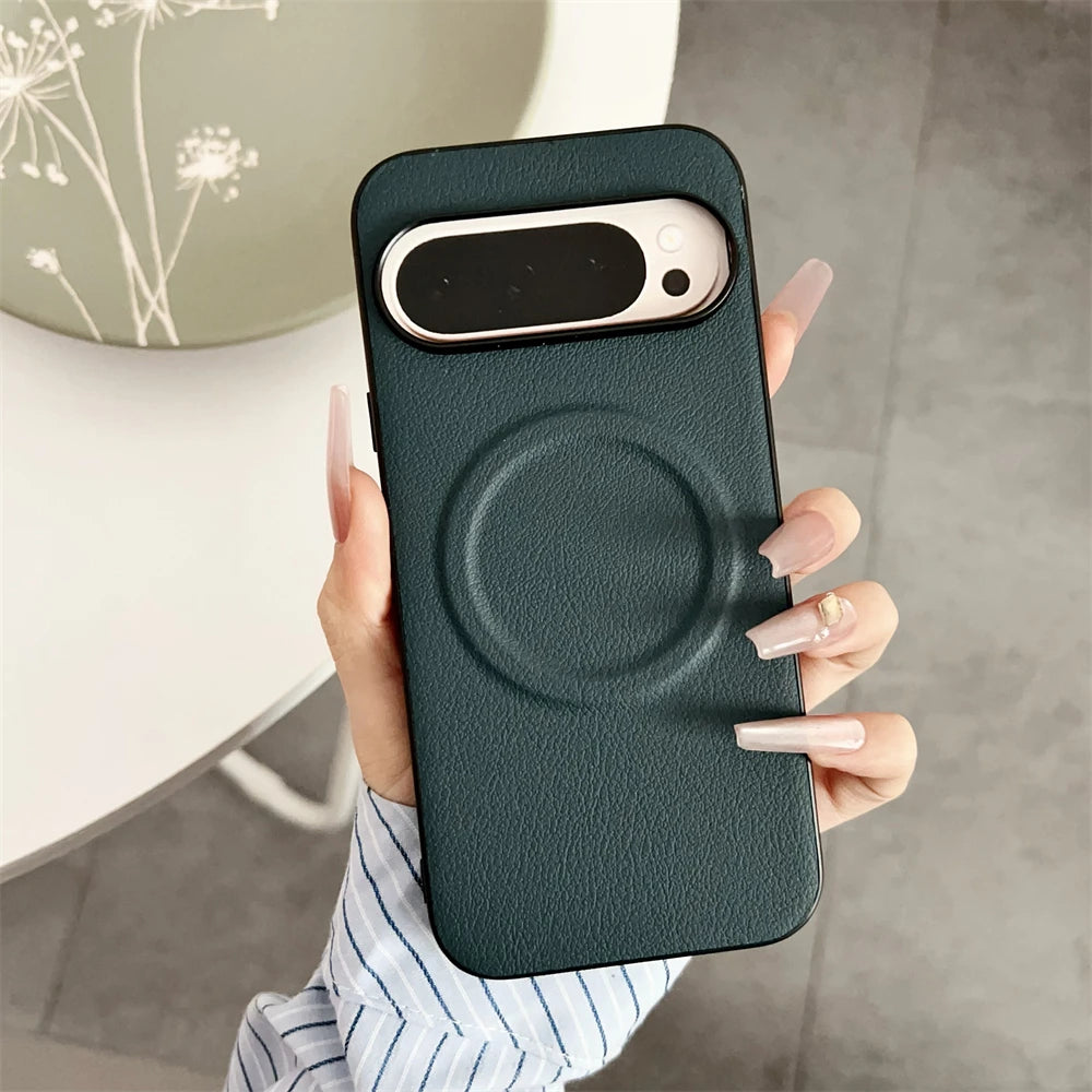 Vegan Leather Ultra Thin Phone Case For Google Pixel 10 Pro XL 8 8A 7 7A 6 9 Pro XL For Magsafe Magnetic Shockproof Solid Cover