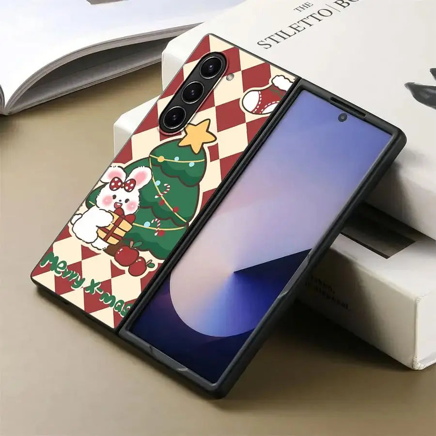 Back Phone Cover Case for Samsung Galaxy ZFold3 ZFold6 ZFold5 Z Fold 7 6 5 4 3 ZFold7 ZFold4 Christmas Cartoon Rabbit