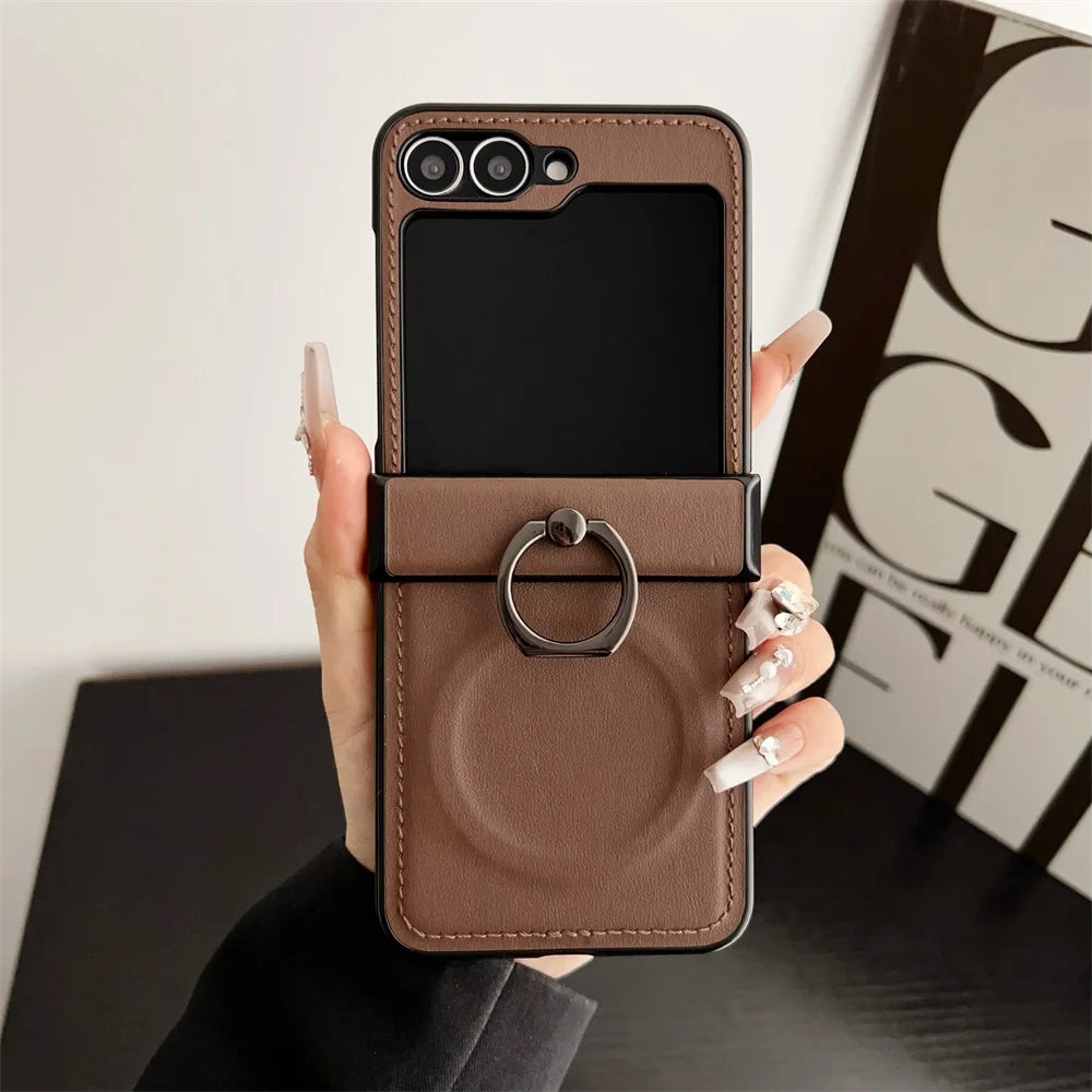 Luxury Leather Ring Holder for Magsafe Case for Samsung Galaxy Z Flip 6 5 4 3 7 flip6 Flip5 Magnetic Bracket Shockproof Cover
