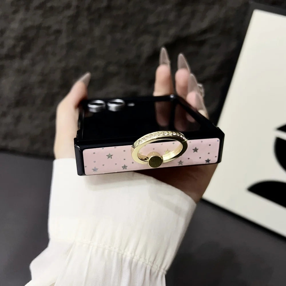 Z Flip7 Ring Buckle Bracket Love Heart Star Phone Case For Samsung Galaxy Z Flip 7 6 5 4 3 Hinge Protection Glitter Hard Cover