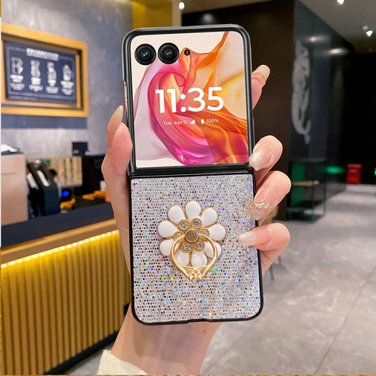 Cute Flower Bracket Fashion Starlit Twinkle Phone Case For Moto Razr 40 50 60 Ultra 2025 + 2024 Glitter Hard PC Shell