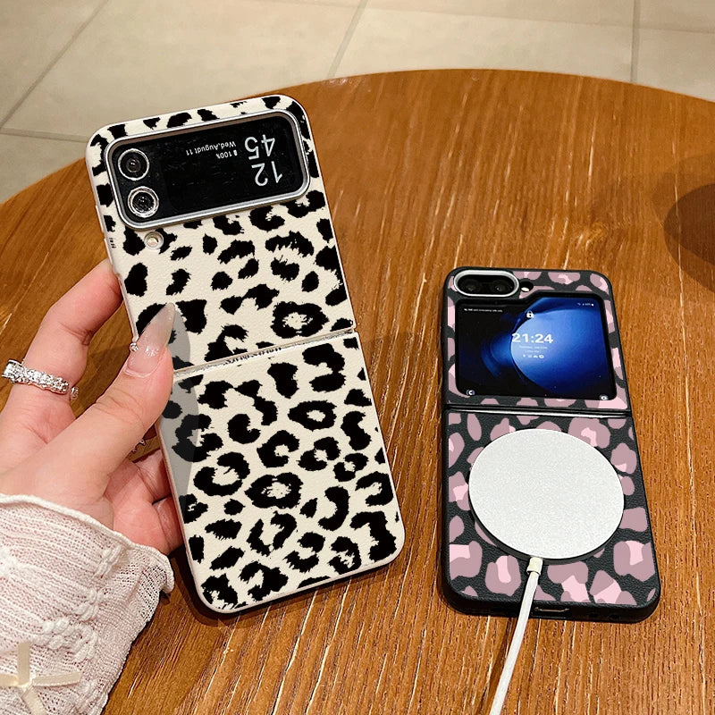 Leopard Pattern Magnetic Case For Magsafe For Samsung Galaxy Z Flip 6 5 4 3 Flip4 Flip5 Flip6 Leather Texture TPU Folding Cover
