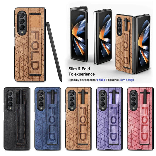 Leather Case for Samsung Galaxy Z Fold 6 5 4 3 5G Cover Stripe Geometric Soft Shockproof Hand Band SPen Slot Shell Funda Holster