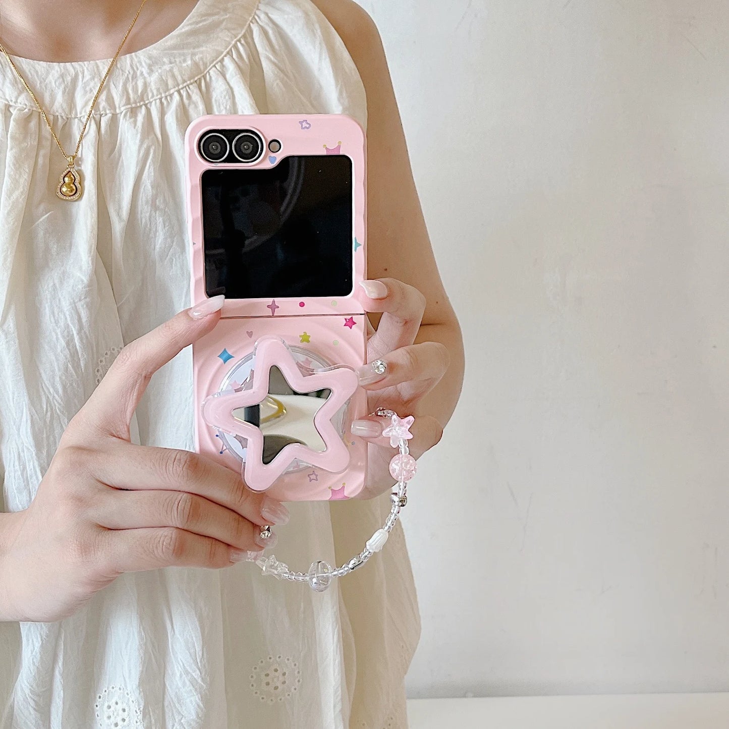 Korean Cute Star Wave Case For Samsung Galaxy Z Flip 5 6 5G Flip6 Flip5 2-piece set With Bracelet Love Heart Holder  Back Cover
