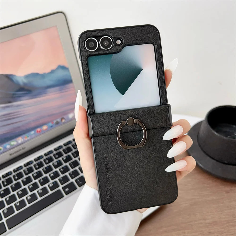 For Samsung Z Flip6 Flip 7 6 5 Luxury Leather Ring Holder Phone Case for Galaxy Z Flip7 Z Flip 5 4 3 3in1 Hinge Protection Cover