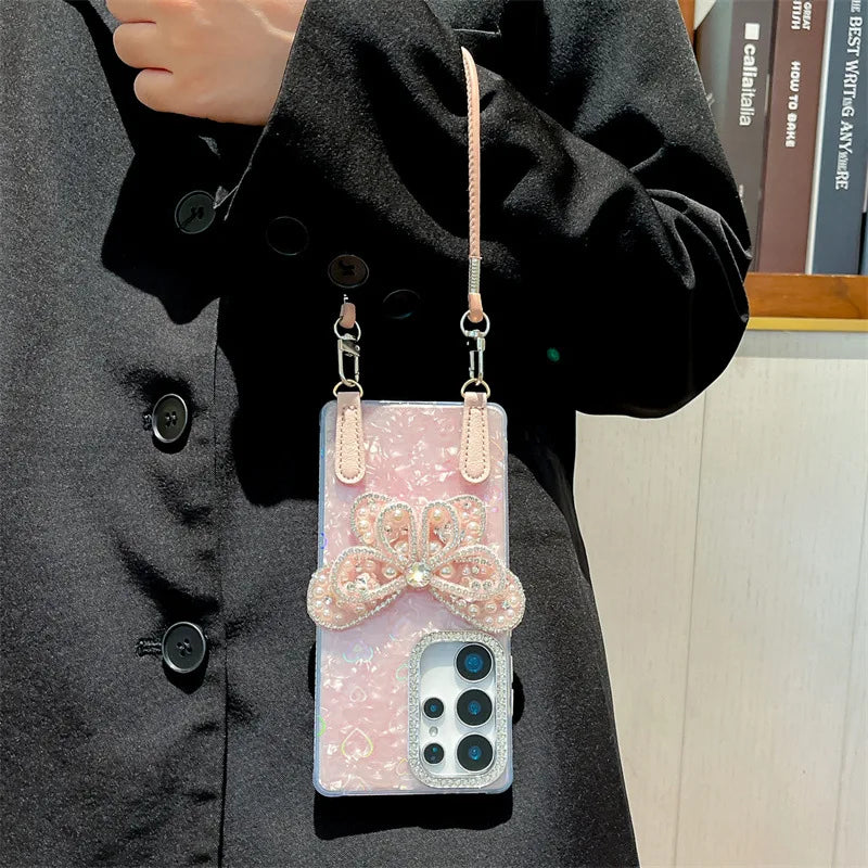 3D Laser Giltter Diamond Butterfly Case For Samsung Galaxy S24 S25 Plus Ultra FE S25 Edge With Wrist Strap Shockproof Cover