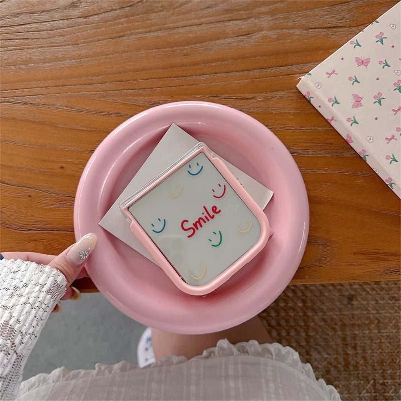 Pink Floral Smile Clear Hinge Strap Furry Ball Phone Case For Samsung Galaxy Z Flip 8 7 6 5 4 3 Z Flip8 Cute Shockproof Cover Gi