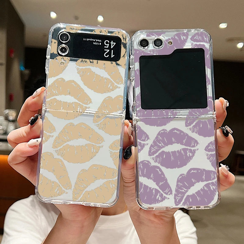 Luxury Kiss Lips Phone Case For Samsung Galaxy Z Flip 6 5 4 3 Metal Buckle Clear TPU Folding Cover For Samsung Z Flip6 Flip5