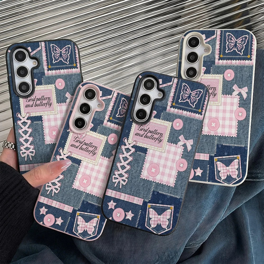 Phone Case for Samsung Galaxy S26 S25 S23 Ultra S24 FE A57 A56 A55 A54 A53 A16 5G A07 A06 A15 4G Cases Denim Patchwork Butterfly