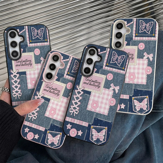 Phone Case for Samsung Galaxy S26 S25 S23 Ultra S24 FE A57 A56 A55 A54 A53 A16 5G A07 A06 A15 4G Cases Denim Patchwork Butterfly