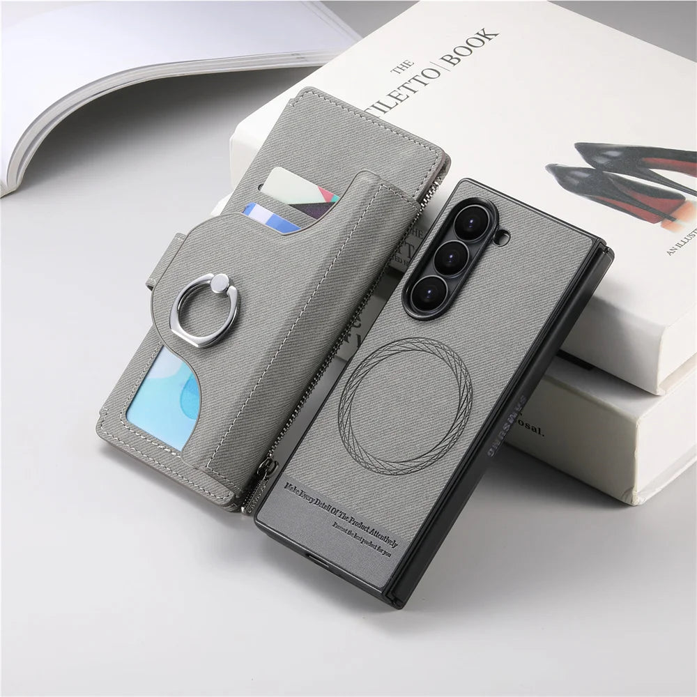 2 in 1 Detachable Magnetic Phone Case for Samsung Galaxy Z Fold 7 6 5 4 Fold7 Fold6 Ring Zipper Wallet Leather Protective Cover
