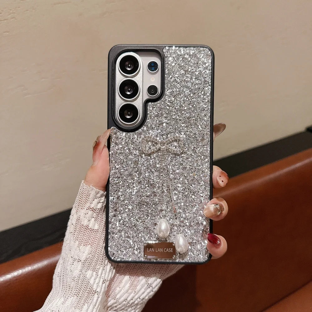 Diamond Bowknot Pearl Pendant Glitter Phone Case for Samsung Galaxy S26+ S23 S24 S25 S26 Ultra Plus TPU Bumper Shockproof Cover