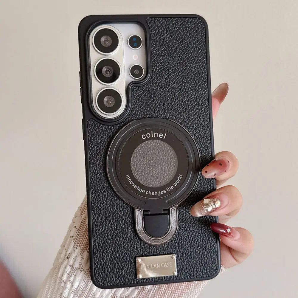 Luxury Lychee Leather for Magsafe Stand Holder Phone Case For Samsung Galaxy S26 S25 S24 S23 Ultra Plus Bracket Shockproof Cover