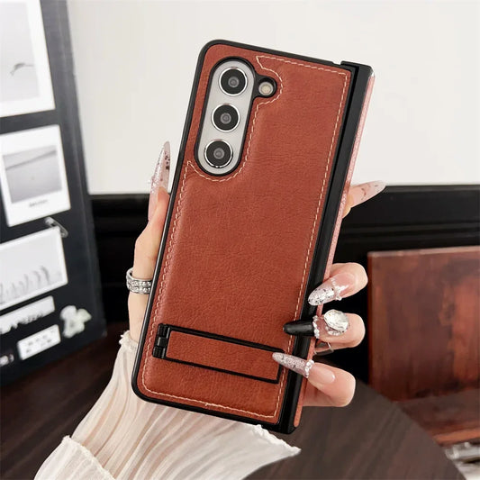 Shockproof Hinge Protective Bracket Phone Case for Samsung Galaxy Z Fold 6 5 4 3 Fold6 Fold5 Fold4 Fold3 5G PU Leather Cover