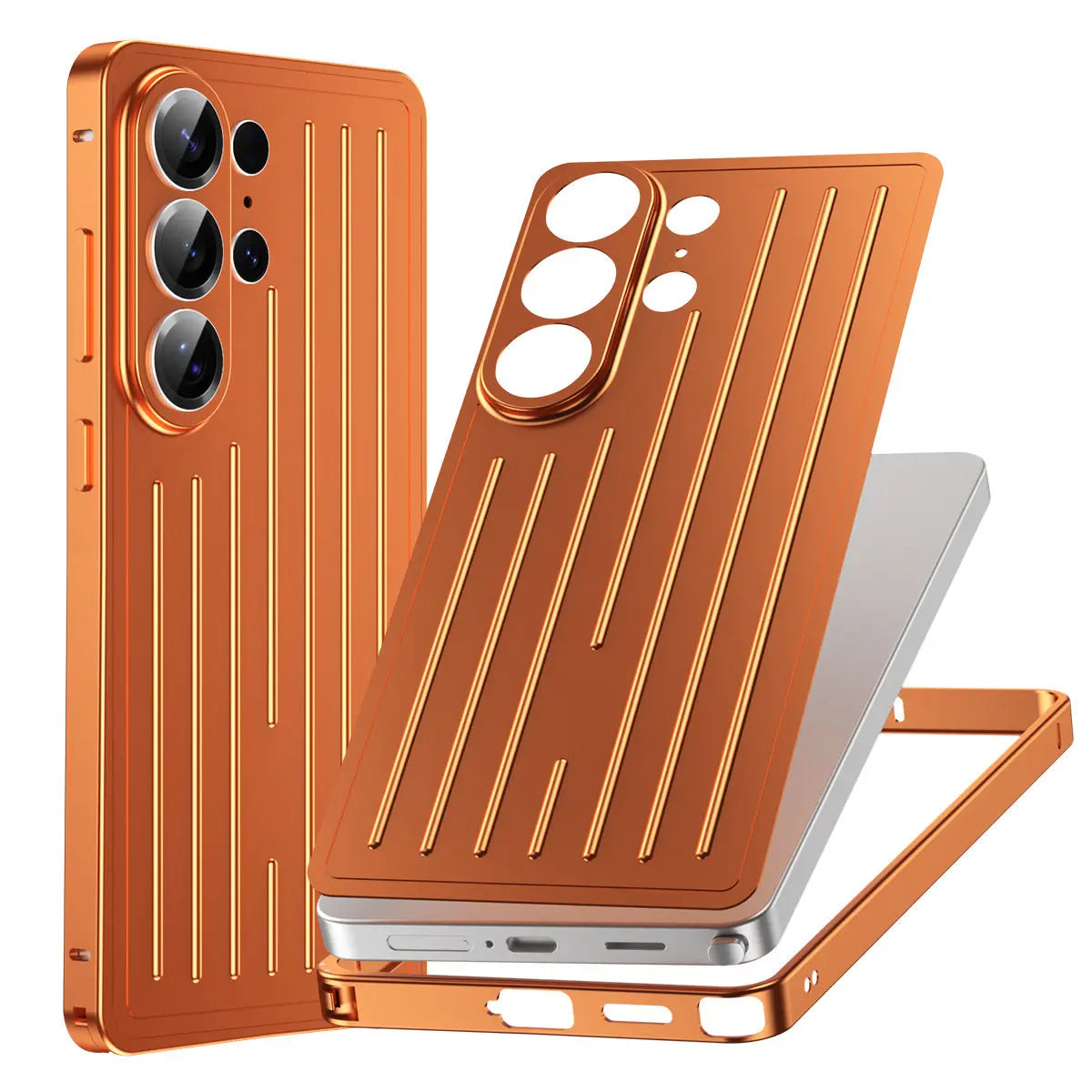 Aluminum Alloy Frame 3D Striped Cover Plate 2in1 Phone Case for Samsung Galaxy S26 Ultra S26 Shockproof Corrugated Luggage Cover