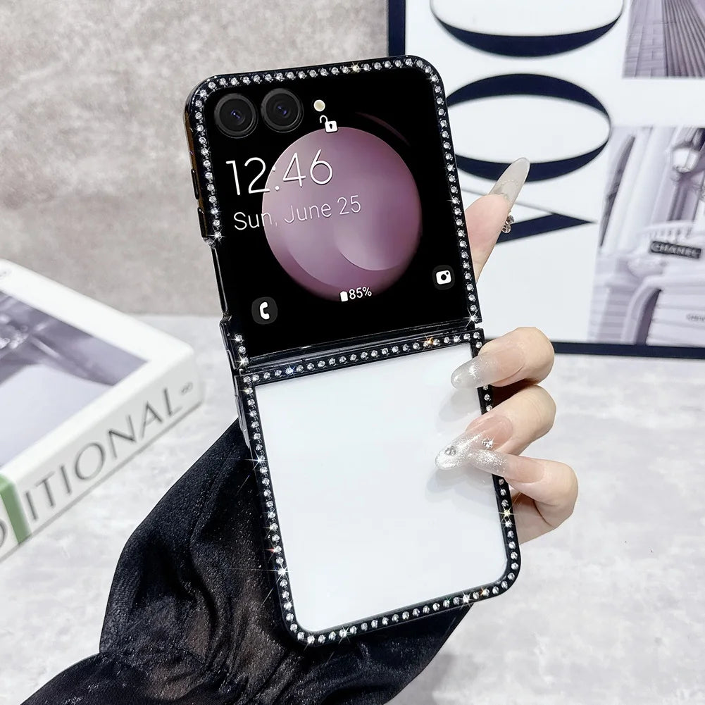Bling Shiny Rhinestone Bordered Transparent Phone Case For Samsung Z Flip 7 fFlip7 FE Galaxy Z Flip 6 5 4 3 Protect Cover