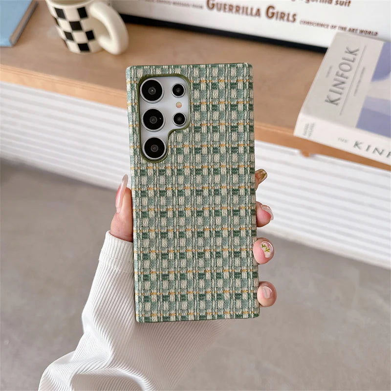 Fashion Grid Woven Cloth Braid Contrasting Color Breathable Phone Case For Samsung Galaxy S24 S23 S22 Ultra TPU Shockproof Cover