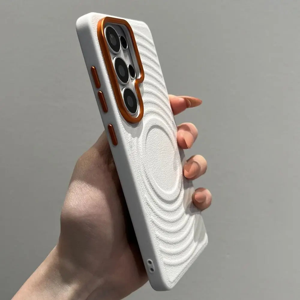 Luxury Water Ripple Leather Pattern for Magnetic Case for Samsung Galaxy S26 Ultra S25 Edge S24 Ultra Orange Lens Frame Cover