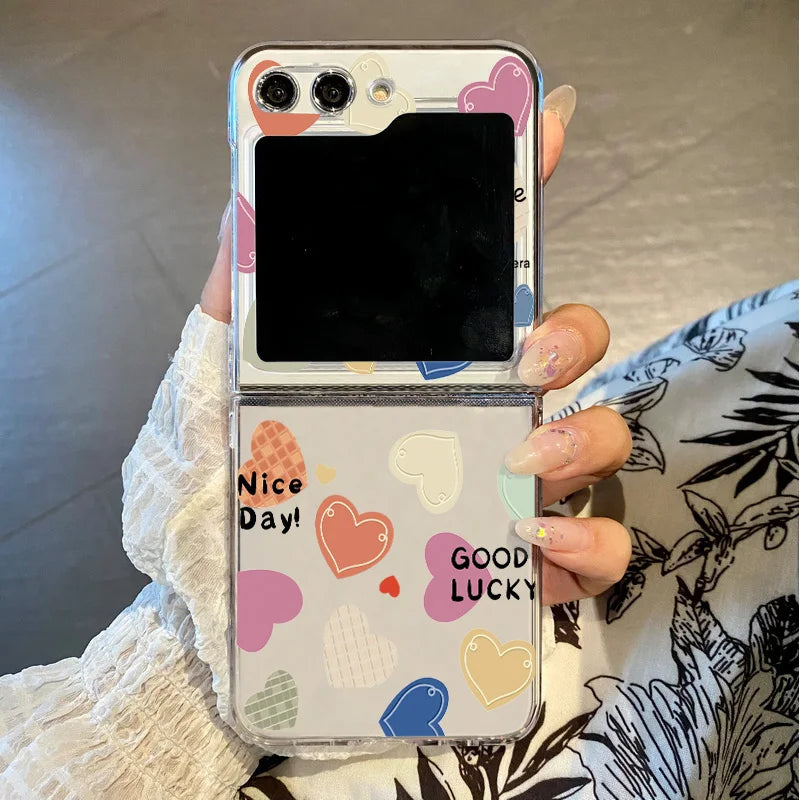 Love Heart Print Clear Folding Phone Case For Samsung Galaxy Z Flip 7 6 5 4 3 5G Transparent Cover For Samsung Z Flip7 FE Flip6