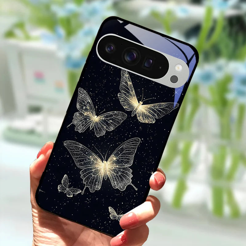 Fashion Glass Case For Google Pixel 9 Pro XL Tempered Glass  Black Phone Cover For Google Pixel 9a Pixel9 Funda Protector Cases