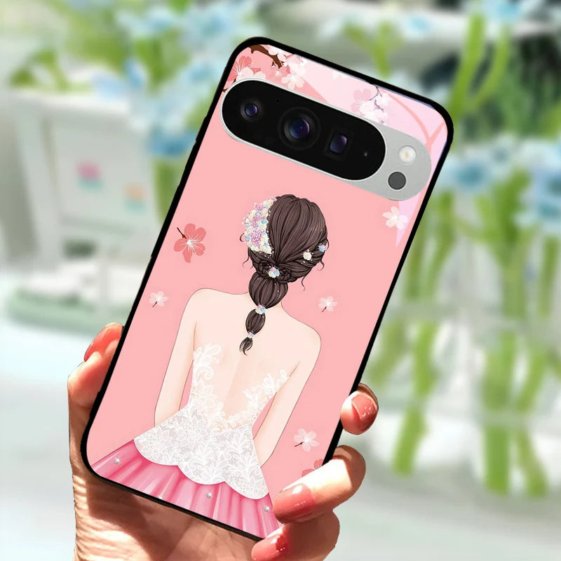 Fashion Glass Case For Google Pixel 9 Pro XL Tempered Glass  Black Phone Cover For Google Pixel 9a Pixel9 Funda Protector Cases