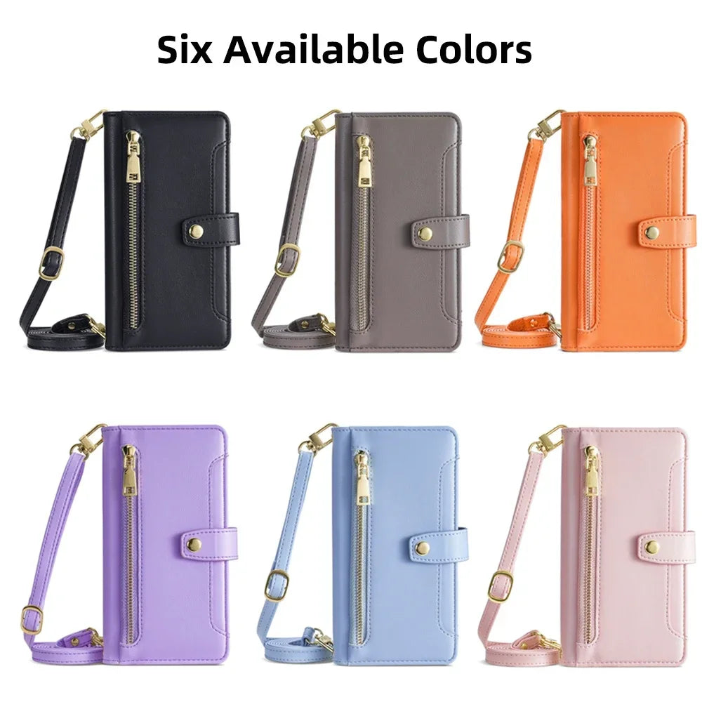 Zipper Wallet Phone Case for Motorola G Stylus Edge 2023 G Play 4G 2024 G Power 5G G14 G84 G54 5G Crossbody Case with Lanyard