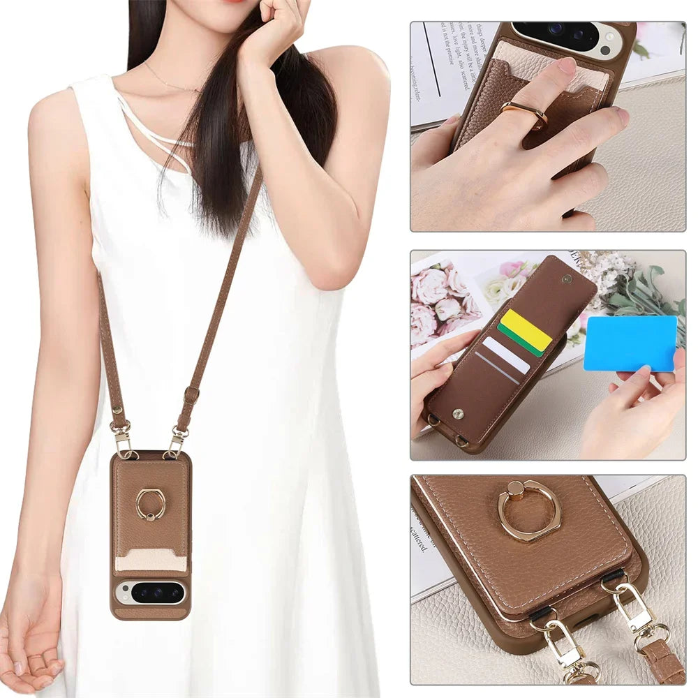 Crossbody Strap Lanyard Wallet Case with Card Slots Ring Holder Kickstand For Google Pixel 9a 8 9 Pro XL 8a 7a PU Leather Cover