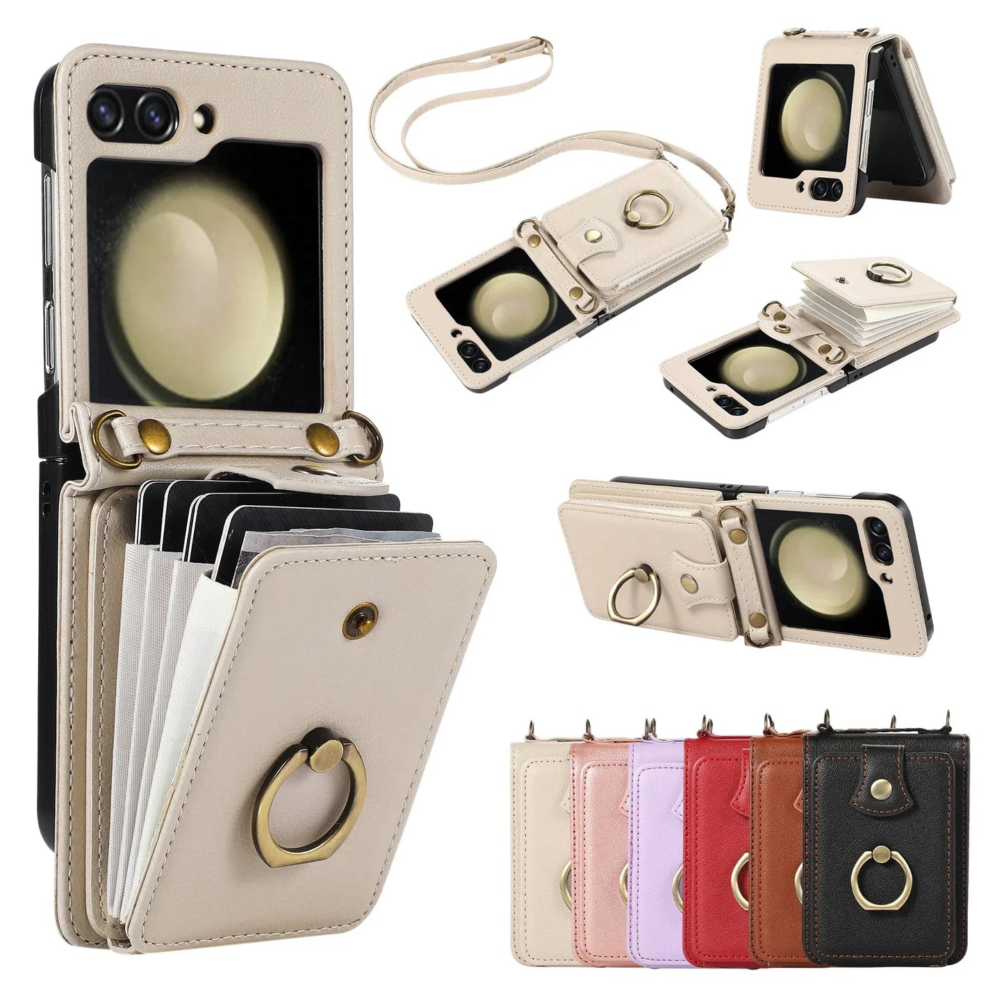 Crossbody Leather Cards Solt Wallet Bag Case For Samsung Galaxy Z Flip 6 5 4 3 5G Flip5 Finger Ring Holder Lanyard Pocket Cover