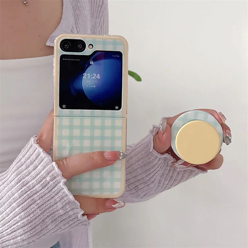 Korean Color Plaid Pattern Magnetic Phone Case For Samsung Galaxy Z Flip 7 6 5 4 Flip6 Flip7 Cover with Magsafe Stand Cases Capa