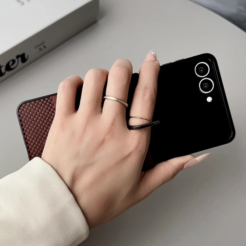 Luxury Leather Lattice Texture With Ring Phone Case For Samsung Galaxy Z Flip 3 4 5 6 7 7FE Hinge Anti-Scratch Back Phone Cover