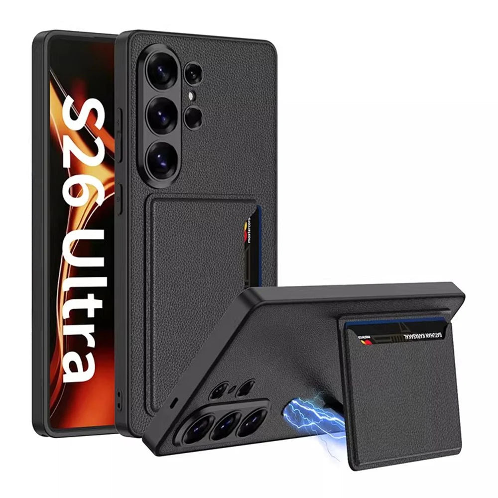 Luxury Leather Flip Wallet Card Package Holder For Magsafe Phone Case for Samsung Galaxy S26 Ultra All-inclusive Hard Back Cover