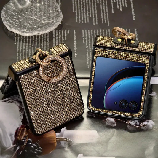 Glitter Diamond-Plated Ring Buckle Phone Case For Moto Razr 50 60 Ultra 2025 + 2024 60Pro Shiny 3-pieces Hard Protective Cover