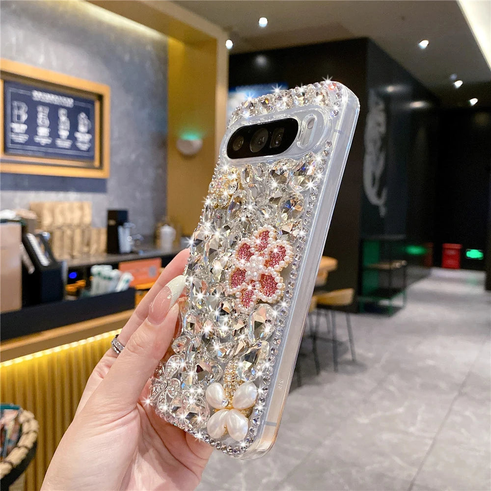 Handmad Diamond Pearl Flower Case For Google Pixel Fold 9 Pro XL 7A 8A 8 9Pro 6A Shine Rhinestone Cover Camera Protection Shell