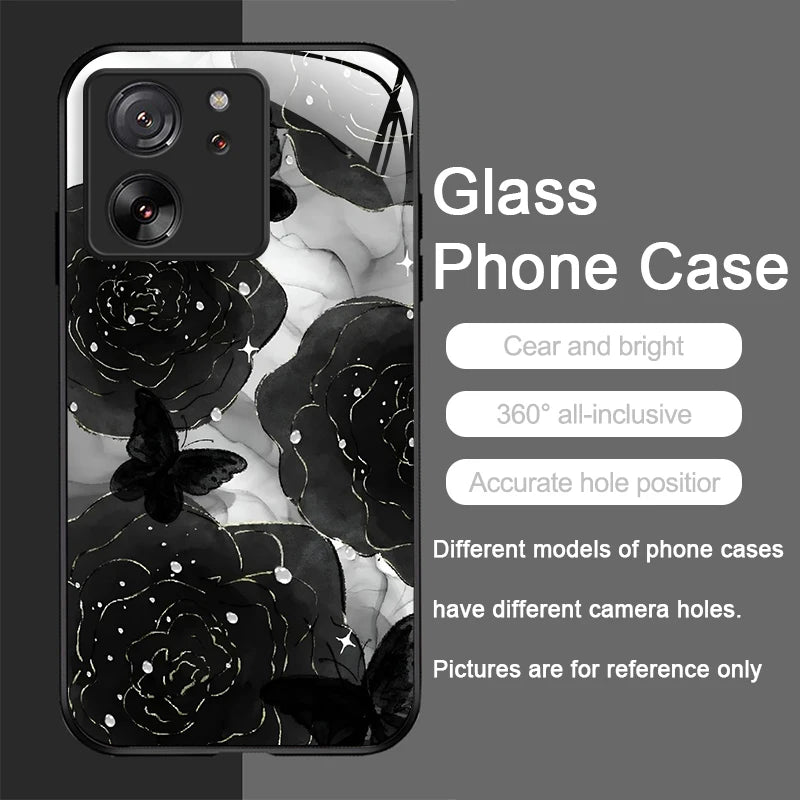 Tempered Glass Phone Case for Motorola Moto G85 G84 G75 G55 G24 Edge 50 Fusion 40 Neo 30 Pro Luxury Black Rose Flower Hard Cover