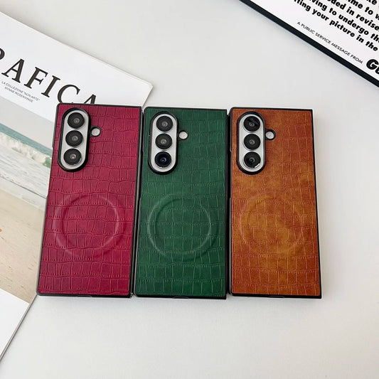 Solid Color Crocodile Pattern PU Leather Phone Case For Samsung Galaxy Z Fold 7 6 5 4 3 For Magnetic Charging Protection Cover