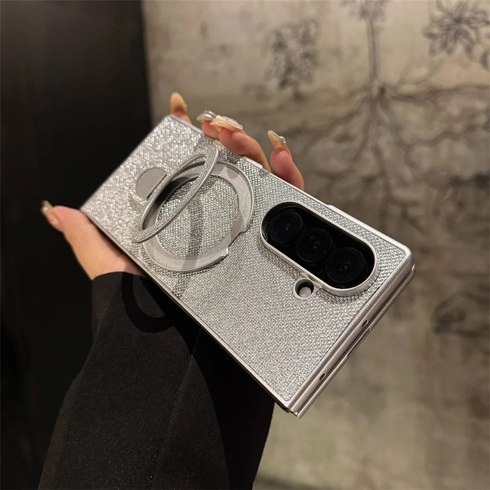 Luxury Full Glitter Rhinestone Folding Stand Phone Case For Samsung Z Fold 7 6 5 4 3 Plating Shockproof Frame Protection Cover