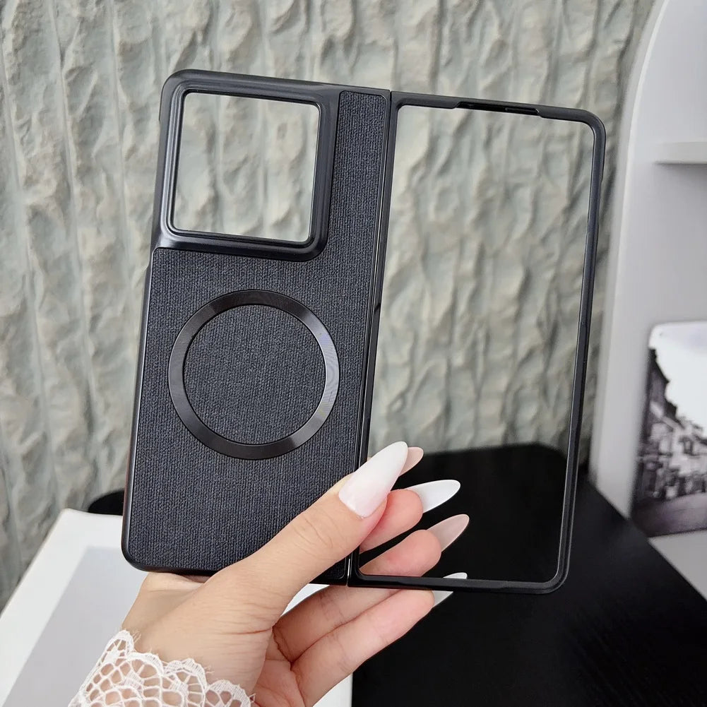with Magnetic Ring Plain Leather Case For Motorola Razr Fold Luxury Cloth Wireless Charging Protective Cover