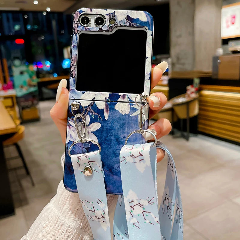 Blu Ray Laser Camera Long Rope Case With Lanyard Necklace Strap Case For Samsung Galaxy Z Flip 5 5G Z Flip6 Hard PC Phone Cover