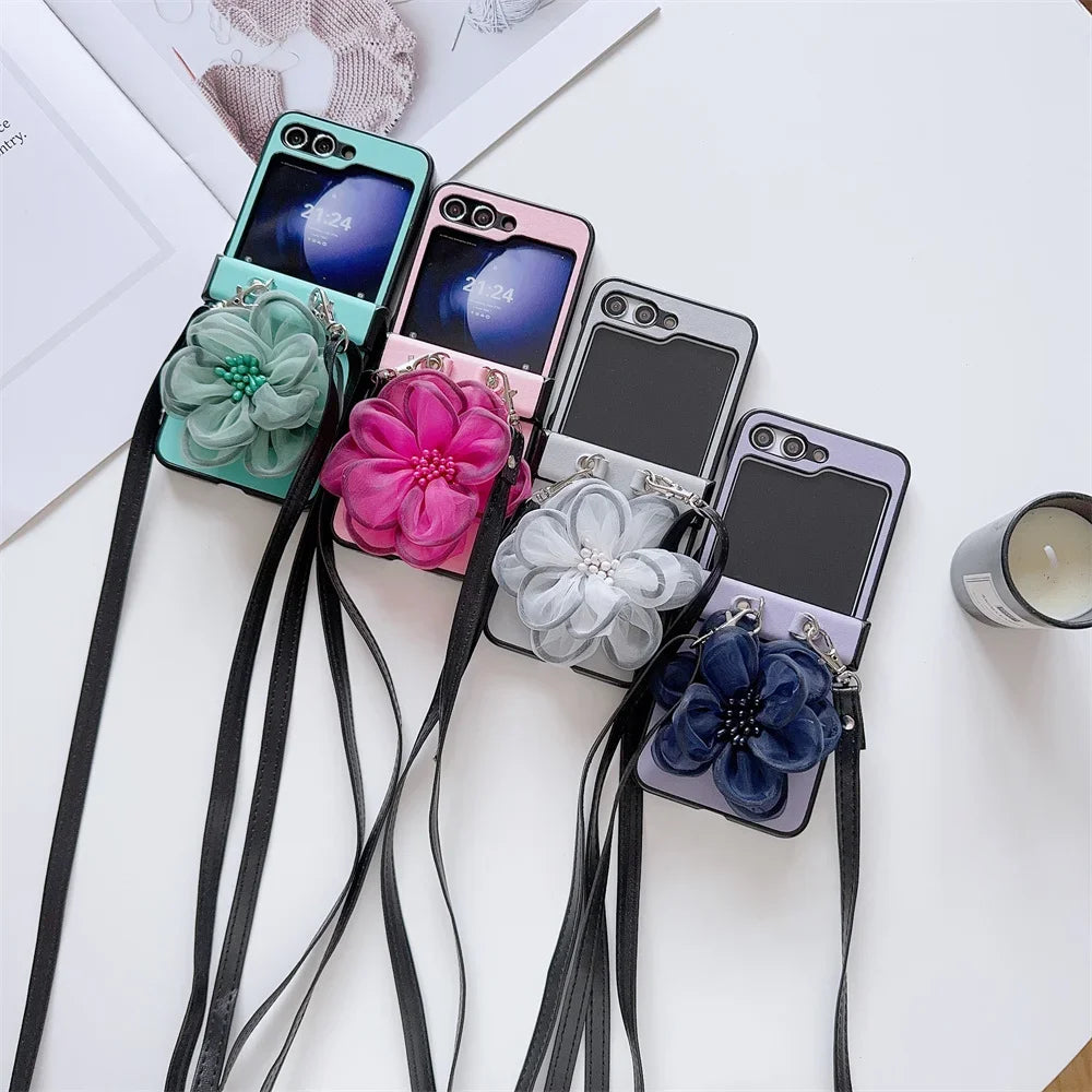 3D Cute Yarn Flower Crossbody Lanyard Phone Case For Samsung Galaxy Z Flip 6 5 4 3 5G Hard Hinge Protective PU Leather Cover