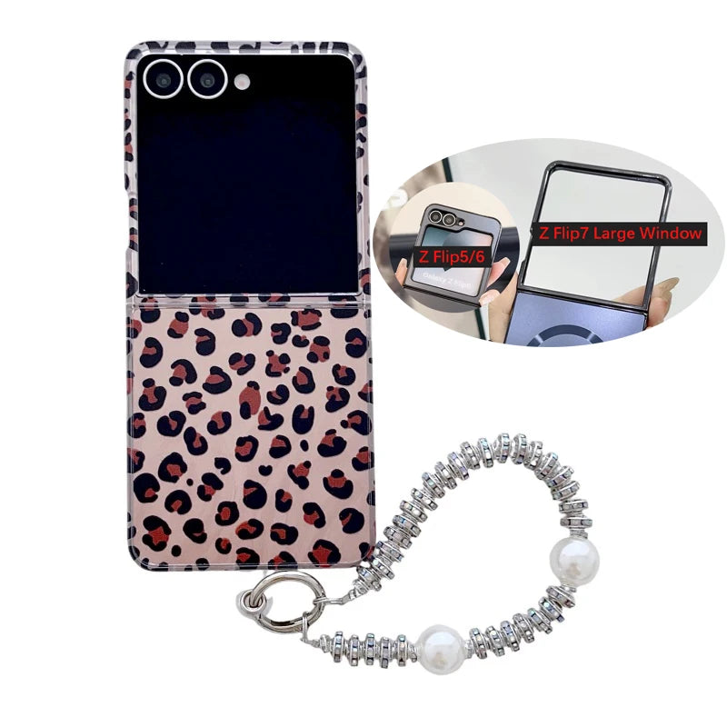 Fashion Pink Leopard Print Phone Case For Samsung Galaxy Z Flip 7 6 5 4 Flip7 Zflip6 Fashion Pearl Bracelet Hard Protector Cover