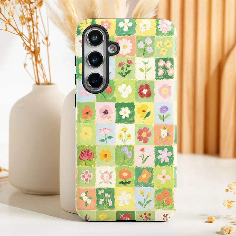 Grid Pattern Flower Case For Samsung S25 S24 S23 S22 S21 Plus Ultra S24 S20 FE A16 15 26 A36 A56 2 IN 1 Film shell Phone Cover