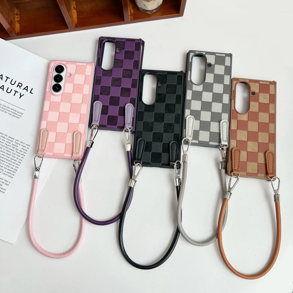 Vintage Chevron Wrist Strap Lanyard Anti Drop Fold Phone Case For Samsung Z Fold 7 6 5 4 3 Lens Protection Shockproof Back Cover