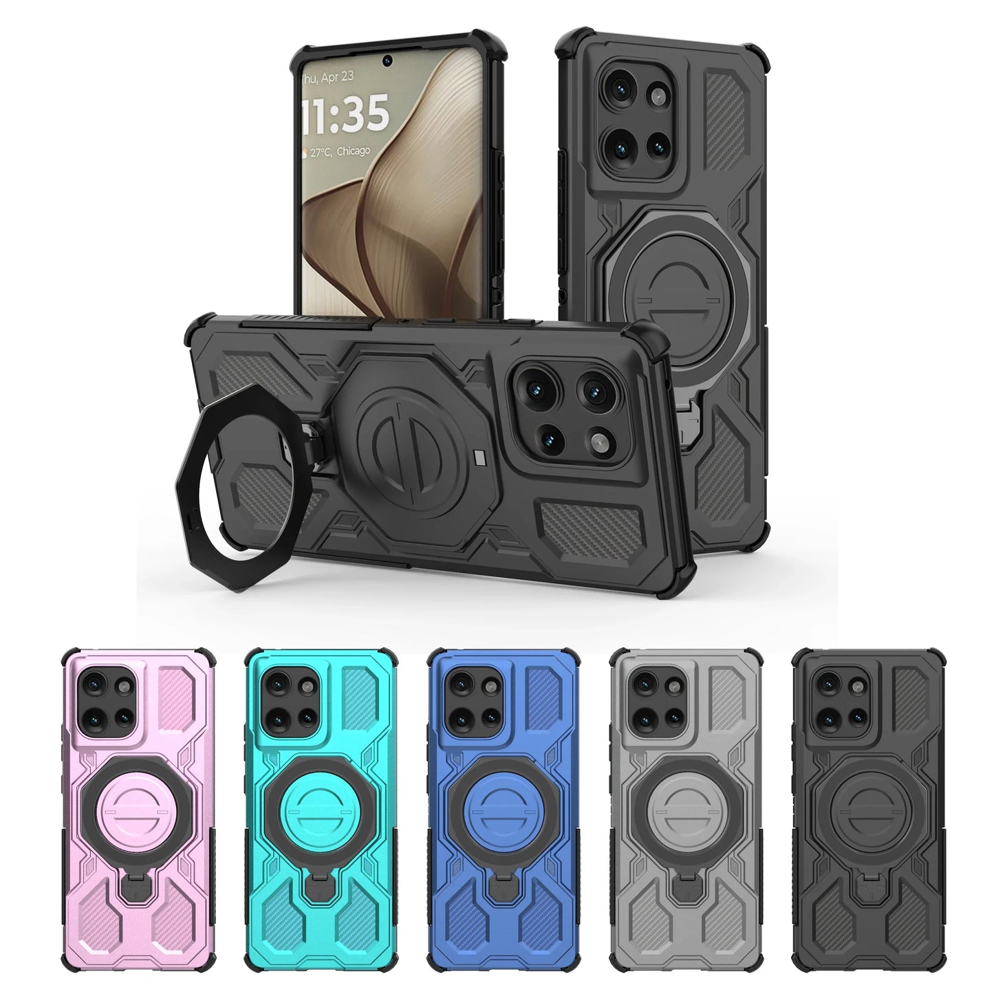 Magnetic Phone Case with Ring Stand Stand for Wireless Charging Motorola Moto Edge 50 Pro 60 Fusion 5G Hard Carbon Case