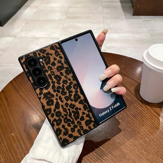 Fashion Flush Leopard Leather Plush Textured Back Cover For Samsung Galaxy Z Fold 6 5 4 3 7 5G  Luxury Hard PC Phone Case