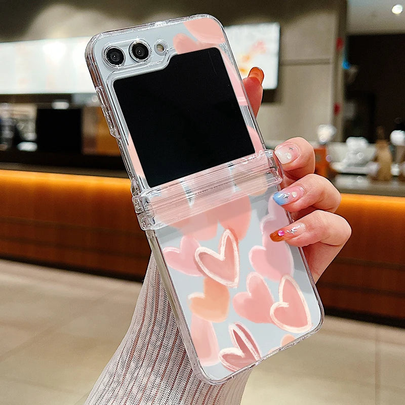 Love Heart Print Transparent Phone Case For Samsung Galaxy Z Flip7 FE Flip6 Folding Hard Cover For Samsung Z Flip 7 6 5 4 3 5G
