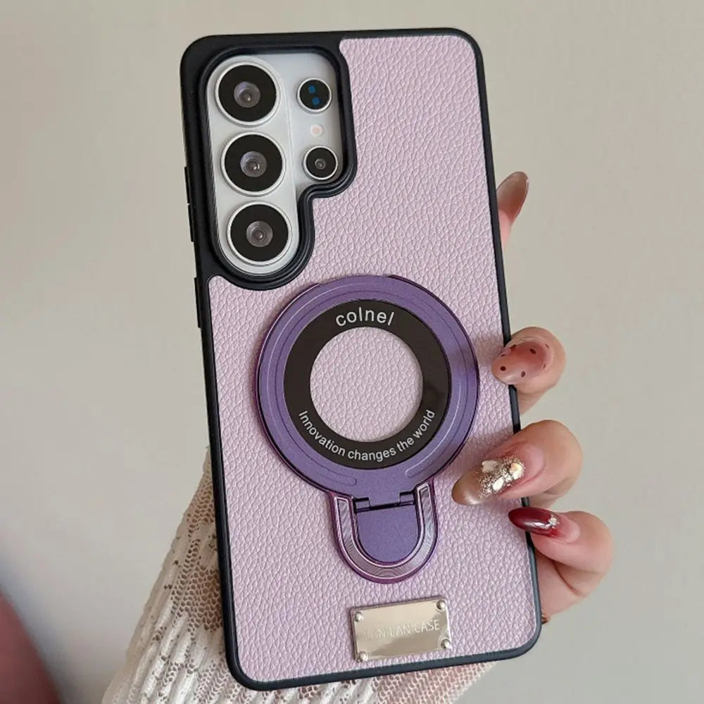 Luxury Lychee Leather for Magsafe Stand Holder Phone Case For Samsung Galaxy S26 S25 S24 S23 Ultra Plus Bracket Shockproof Cover